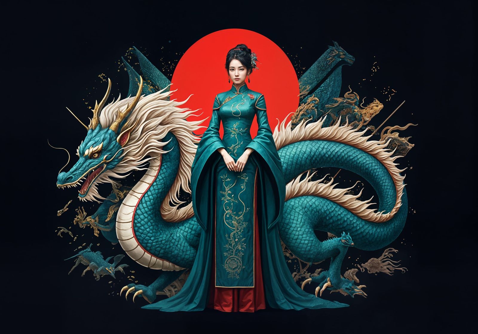 Chinese Woman and Dragon in Futuristic Style