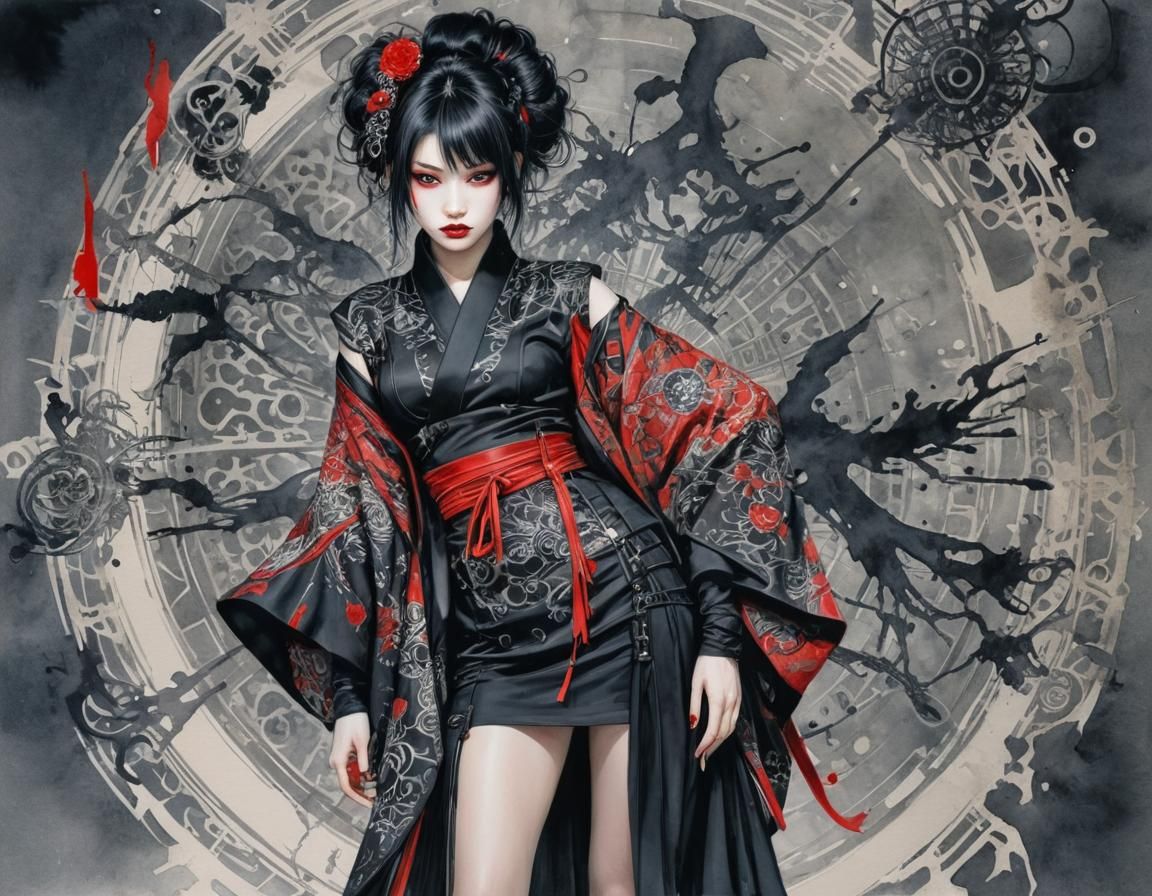 Woman in Punk Kimono: Watercolor and Pen Art