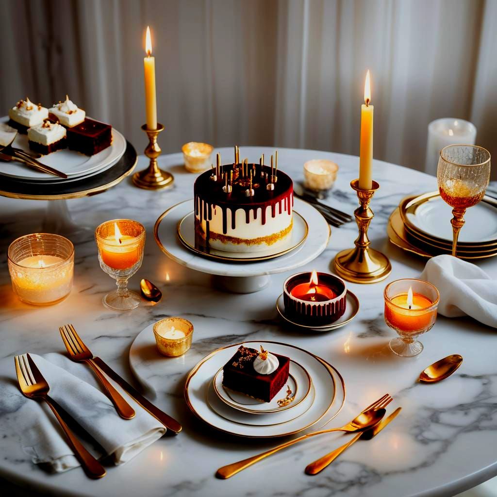 Velvet Cakes with Golden Silverware and Candlelight