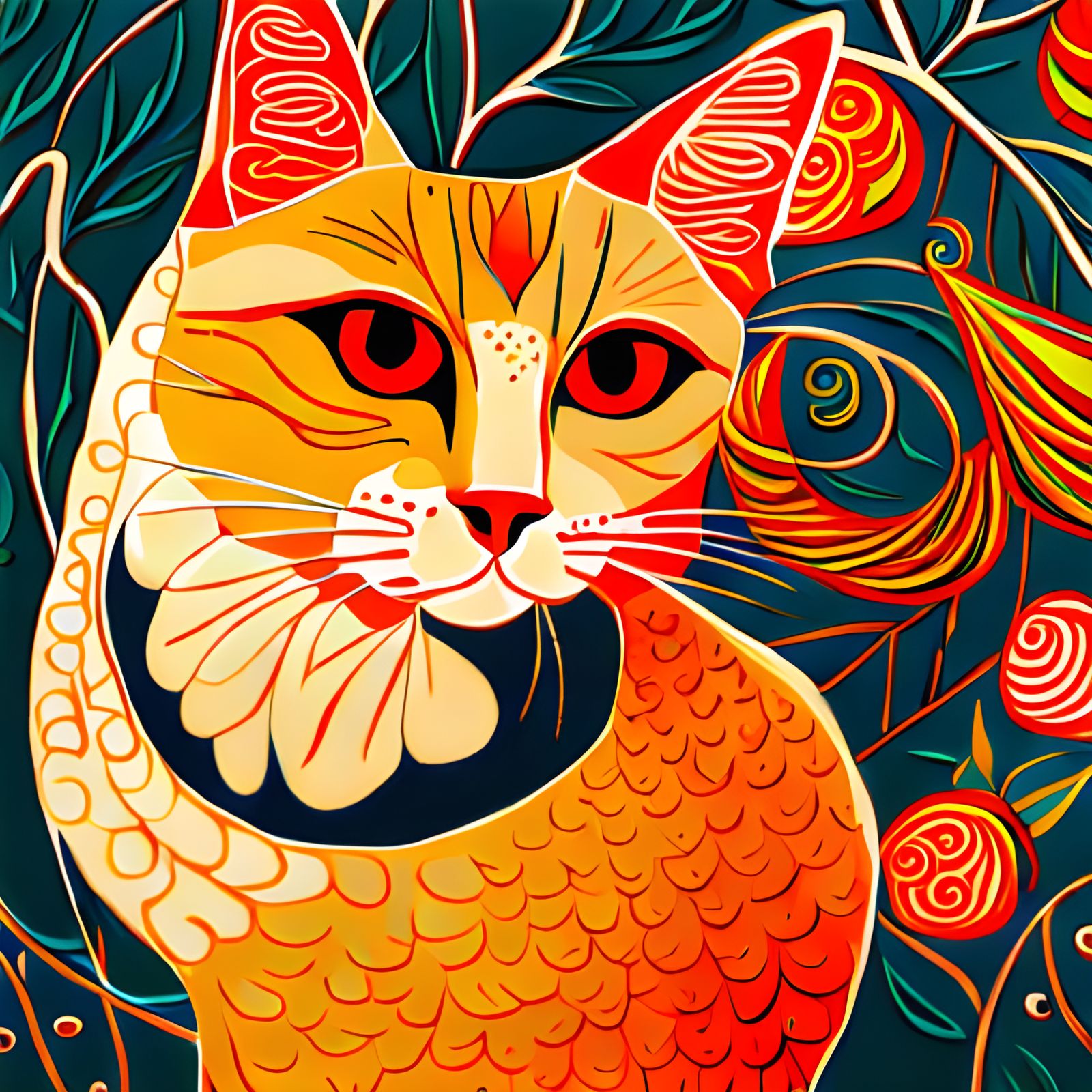 Cat in Art Nouveau Woodblock Style