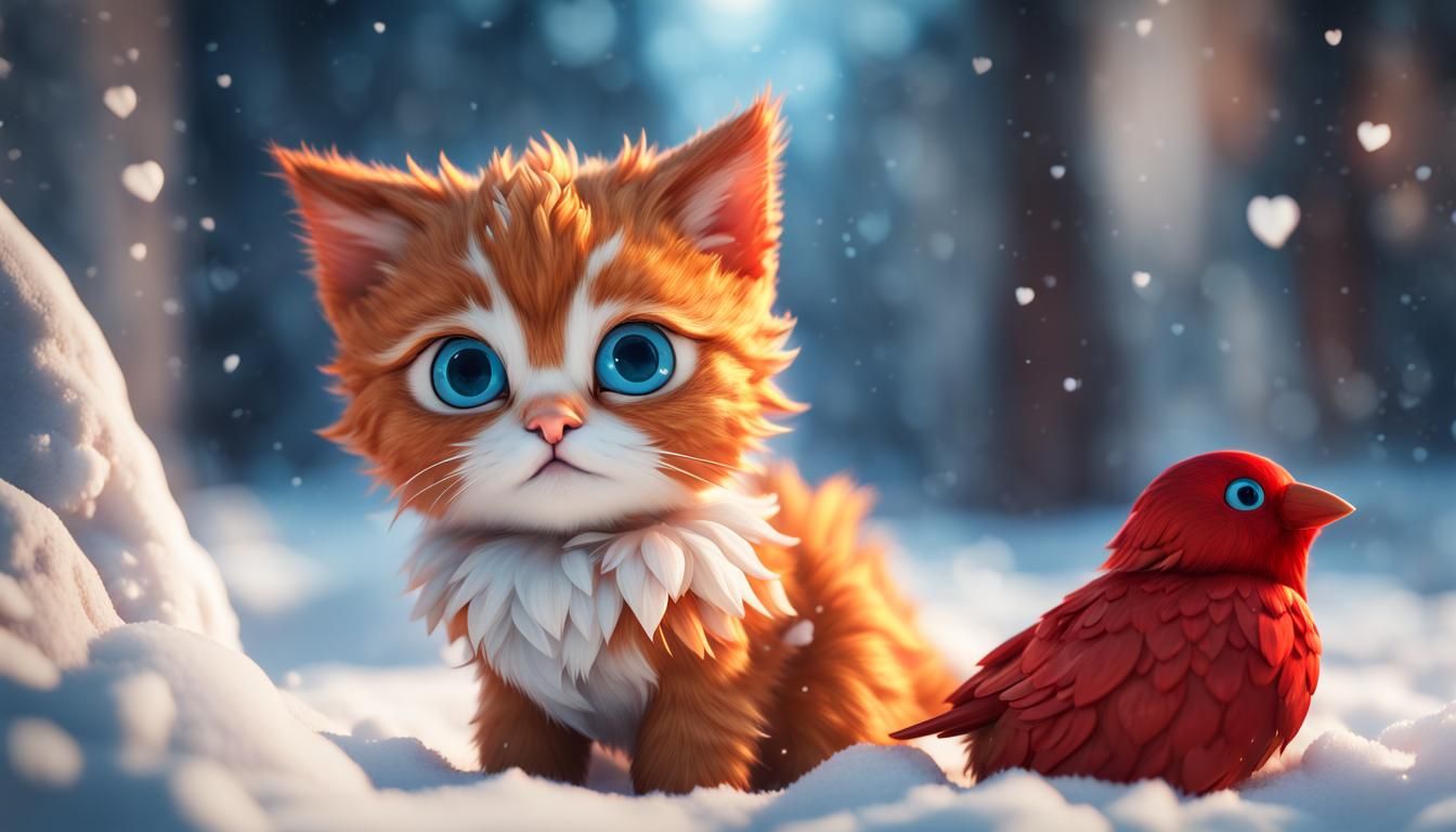 (ginger fluffy chibi kitten big blue eyes) red bird in the snow hearts 3D Game Cinematic Feel, Epic 3D Videogame Graphi...