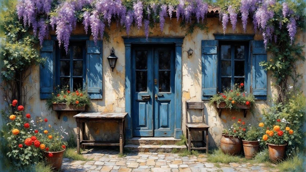 Wisteria and Roses Adorn Cottage Door, Impasto Style