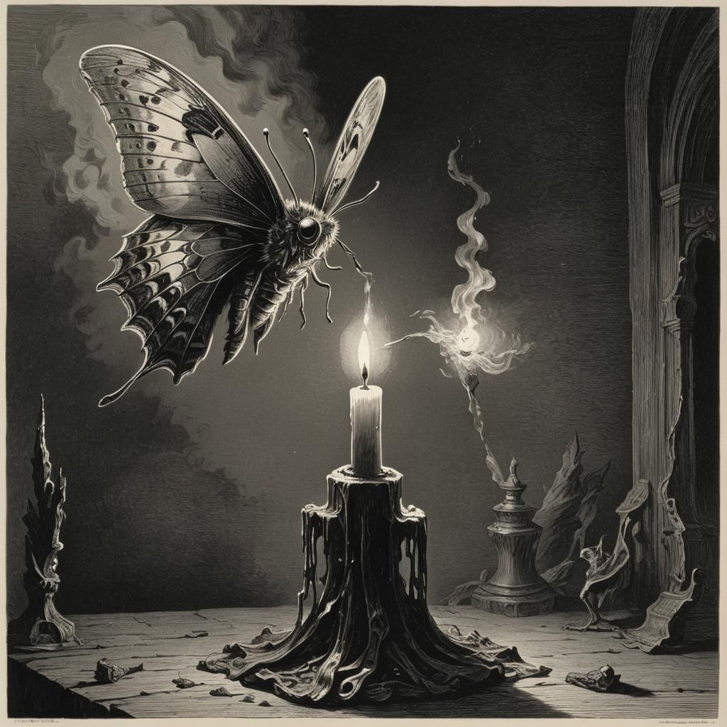 Moth to a Flame: Dark Engraving Illustration
