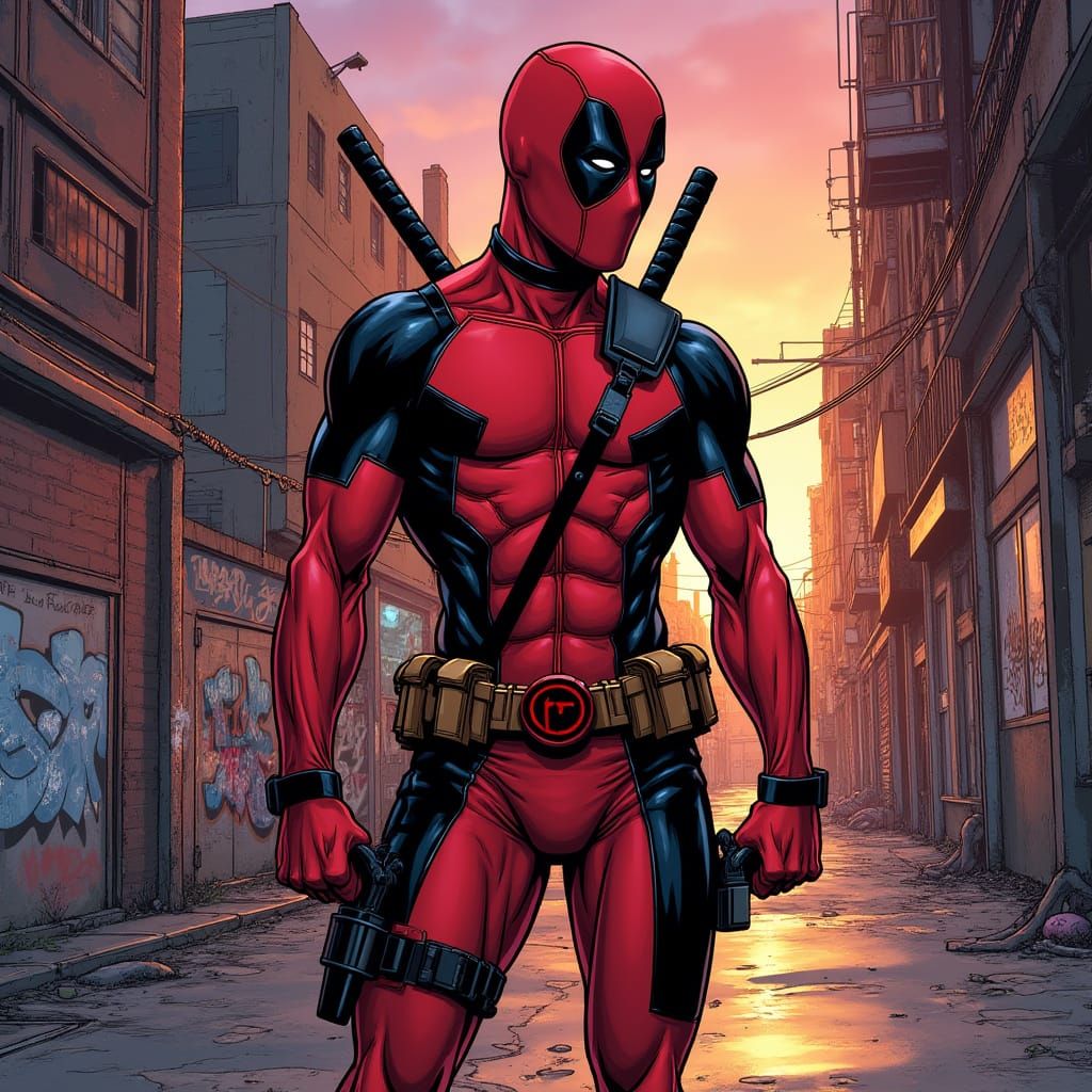 Deadpool in Exaggerated Comic Book Style