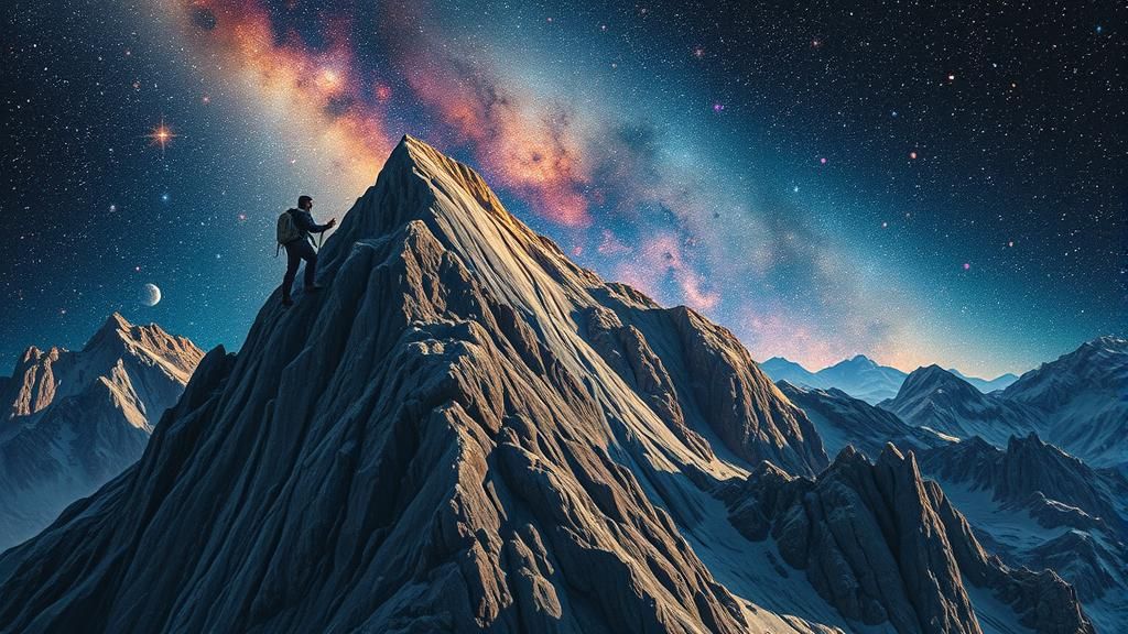 Cosmic Climber Ascends Rocky Mountain in Stipple Style