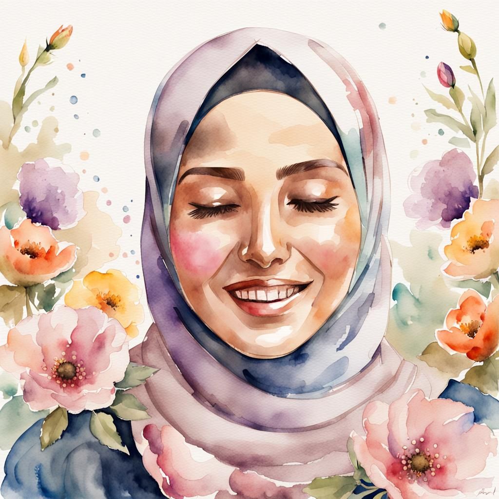 Watercolor Portrait: Serene Woman in Hijab with Flowers