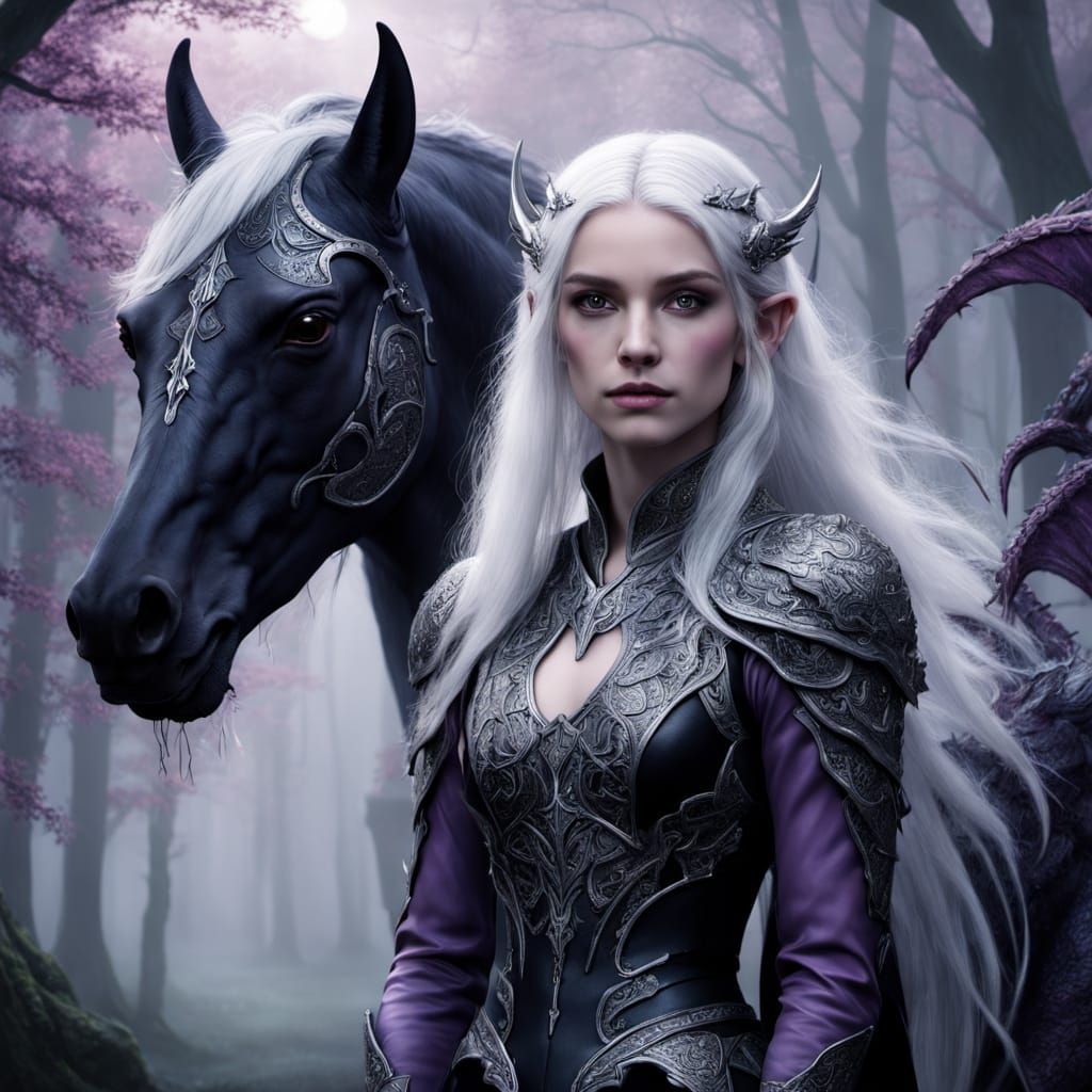 Elven Woman with Dragon Wings in Fantasy Style