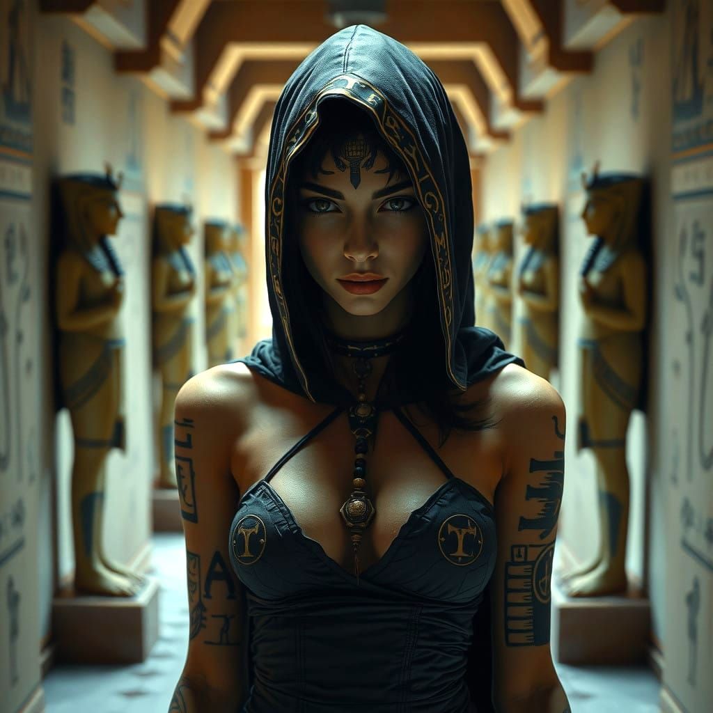 Egyptian Goddess with Ancient Hieroglyphic Tattoos in a Myst...