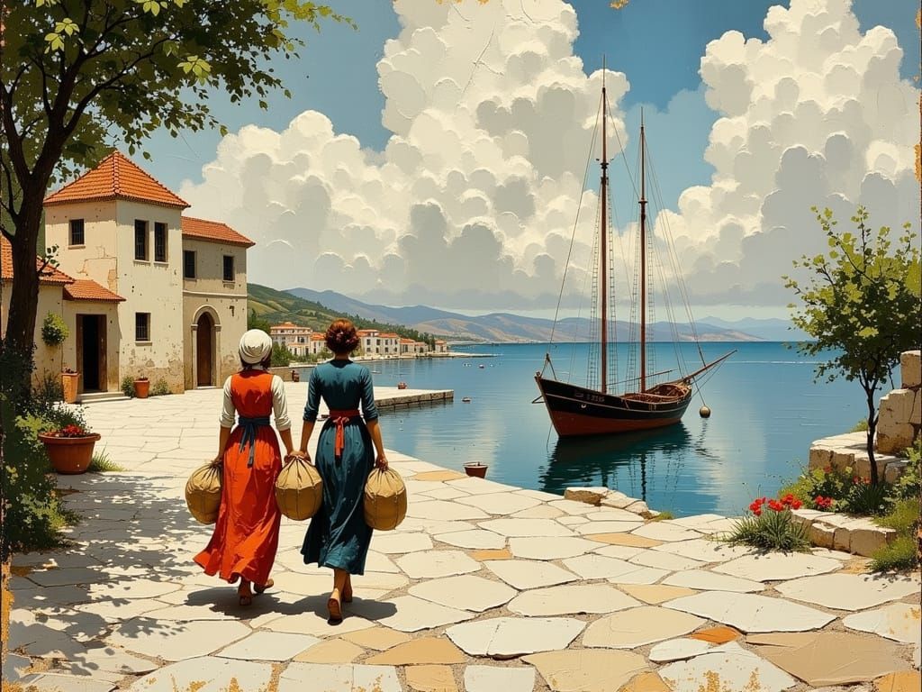 Greek Village Market Square in Tranquil Harbor Setting