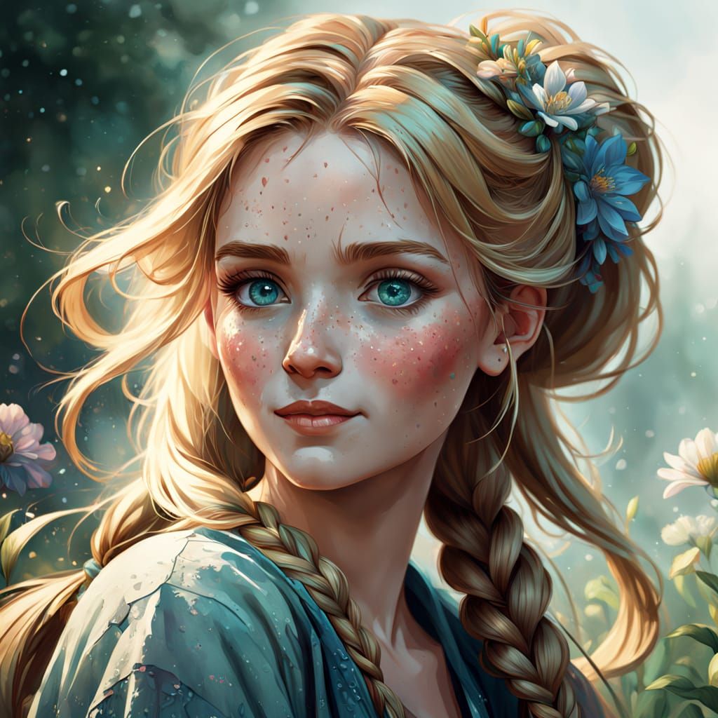 Pretty Woman with Freckles and Flowing Blonde Hair