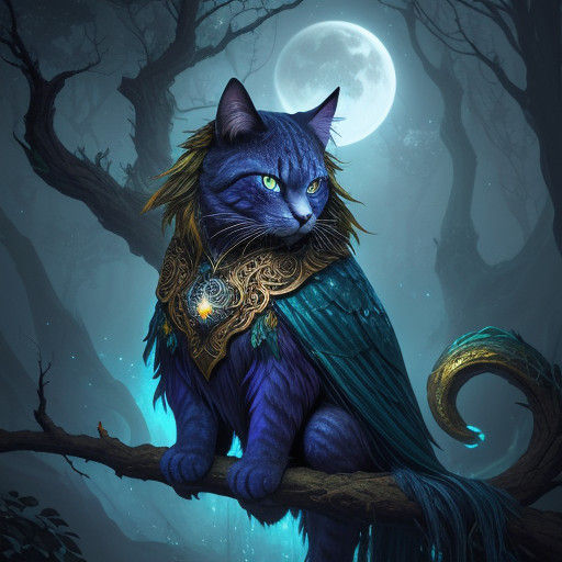 Regal Cat Sits atop Ancient Tree in Whimsical Fantasy Scene