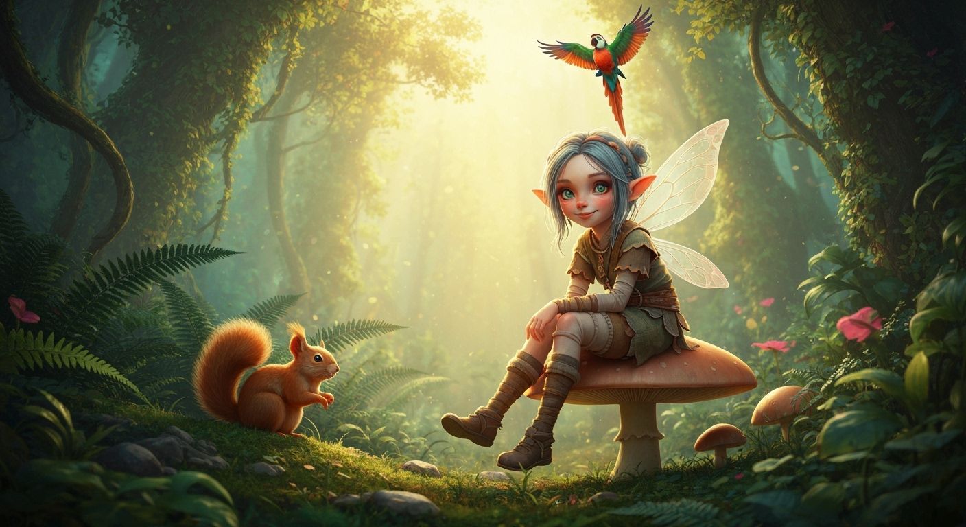 Forest Pixie on Mushroom in Eerie Realistic Style