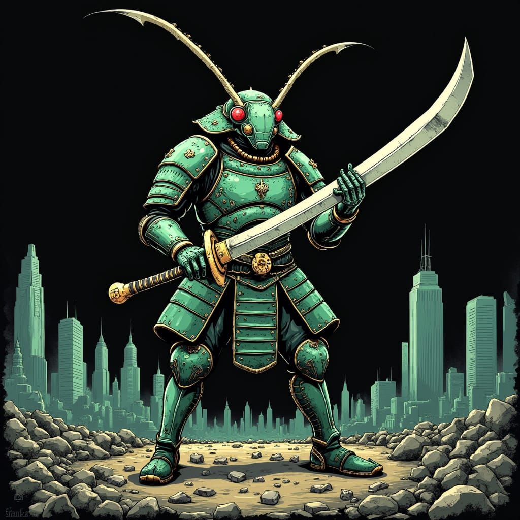 Victorious Cockroach Samurai in Dystopian Cityscape