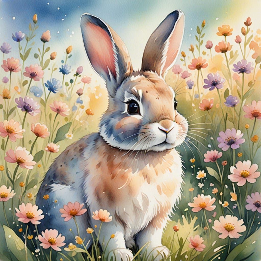 Whimsical Watercolor Bunny in a Field of Flowers