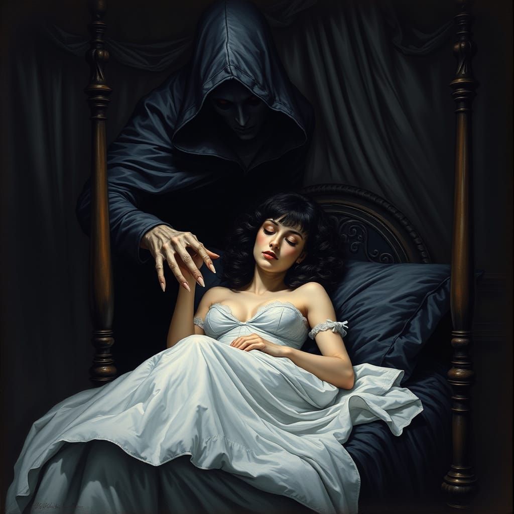 Eerie Encounter: Hooded Figure in Gothic Dreamscape