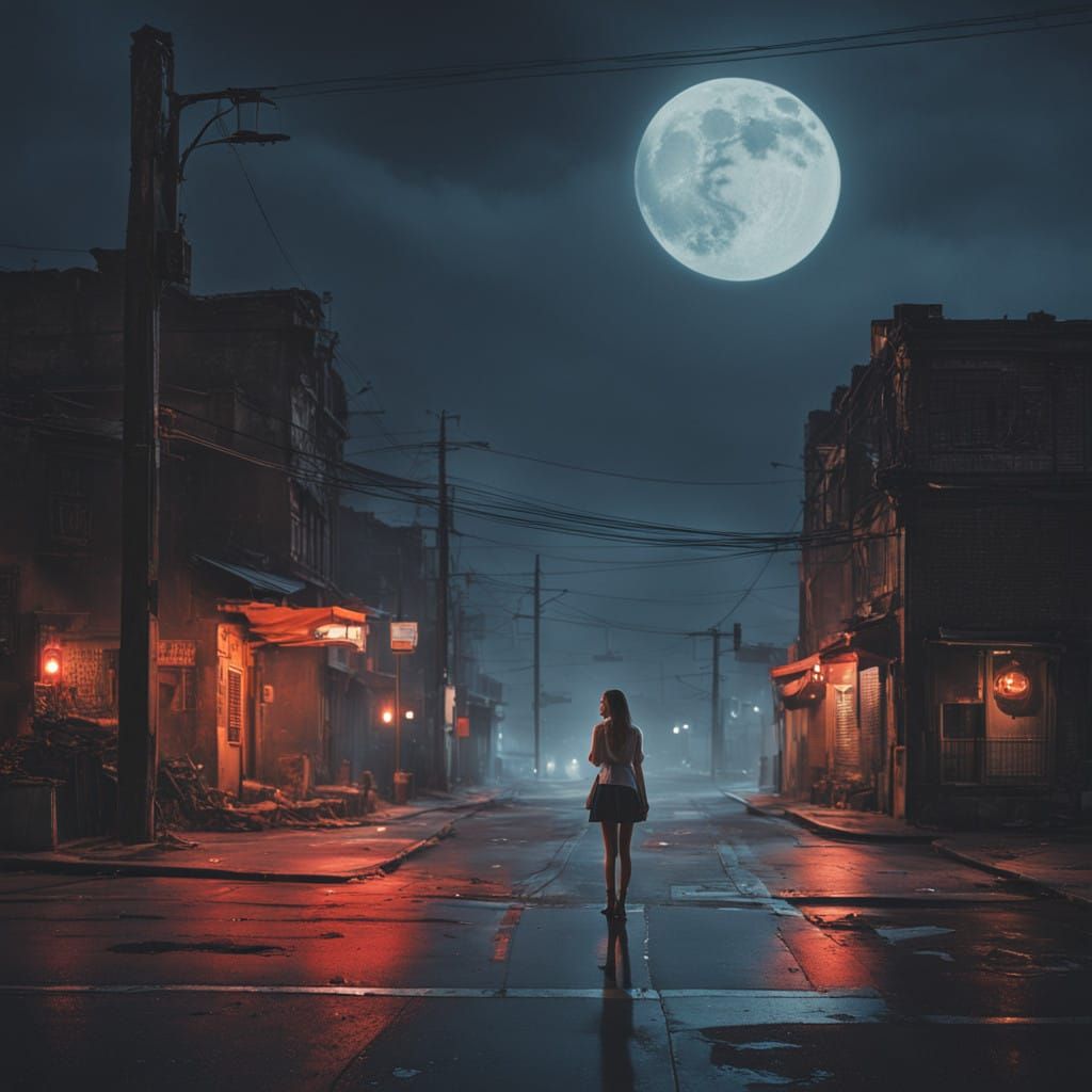 Mysterious Night Street Scene with Moody Woman