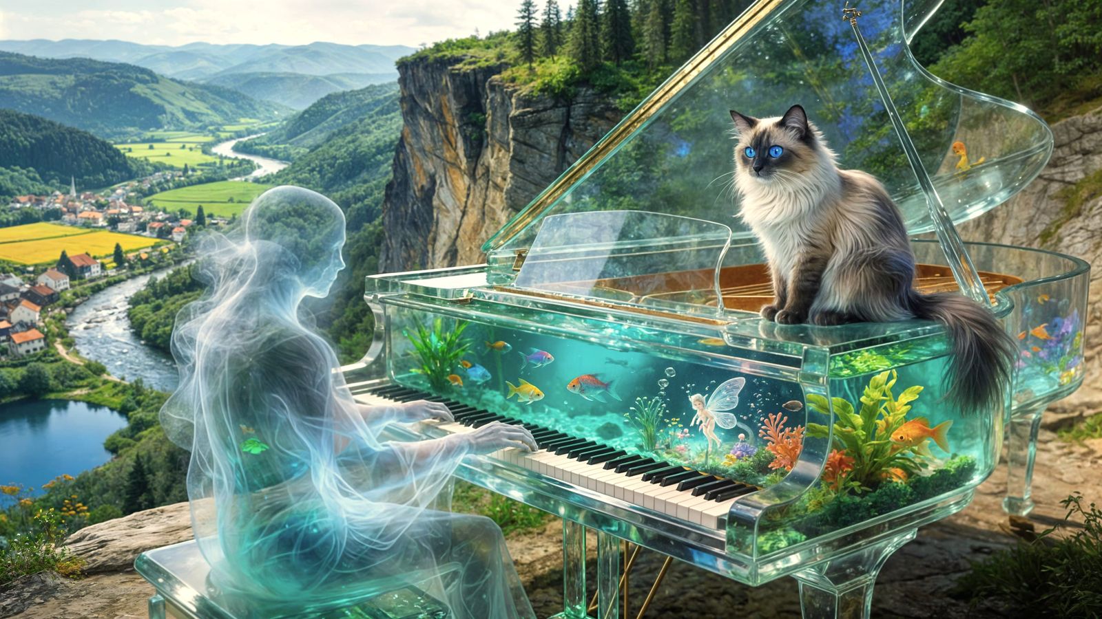 Glass Piano with Underwater World and Ghost, Siamese Cat