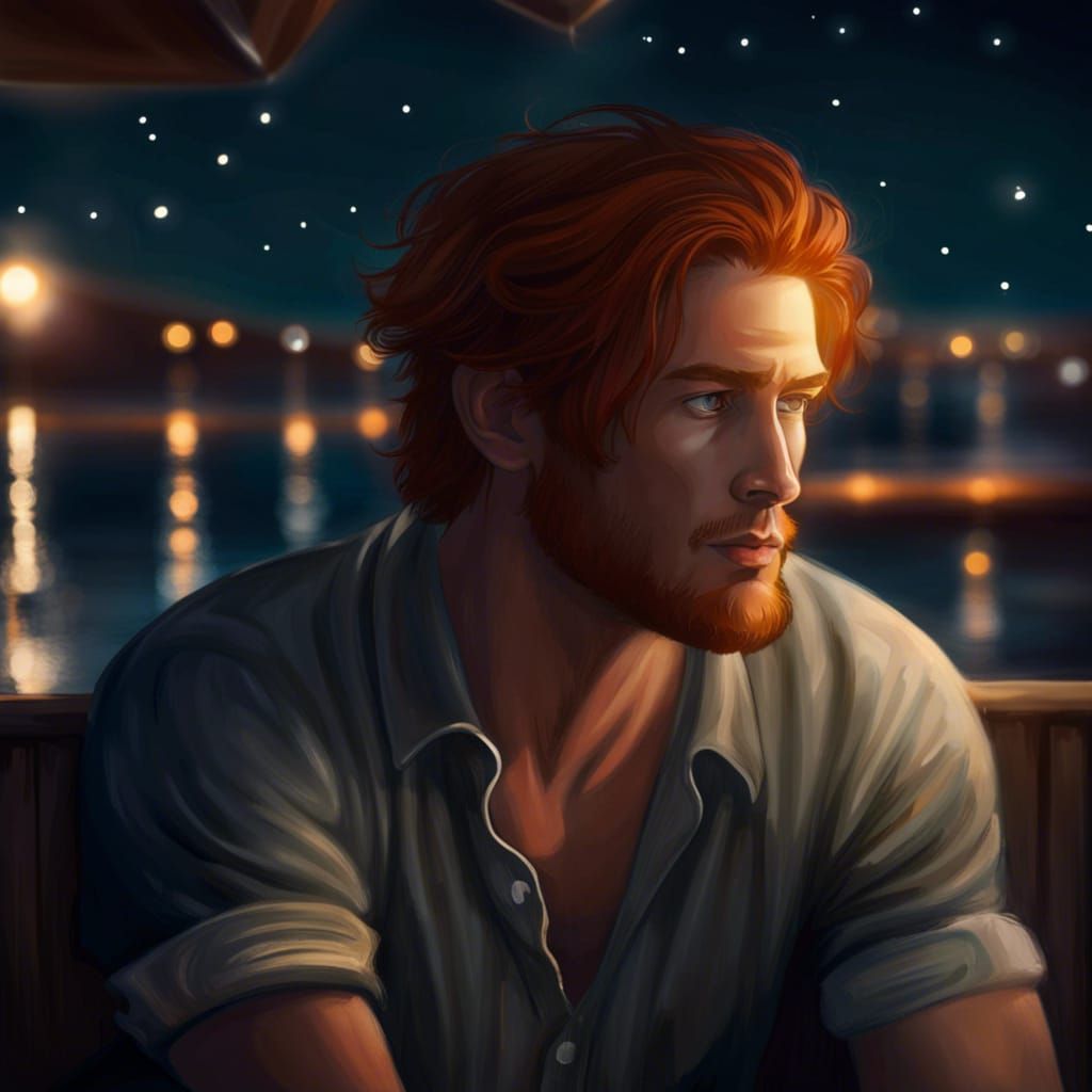 Auburn-Haired Man Alone by the Sea at Night