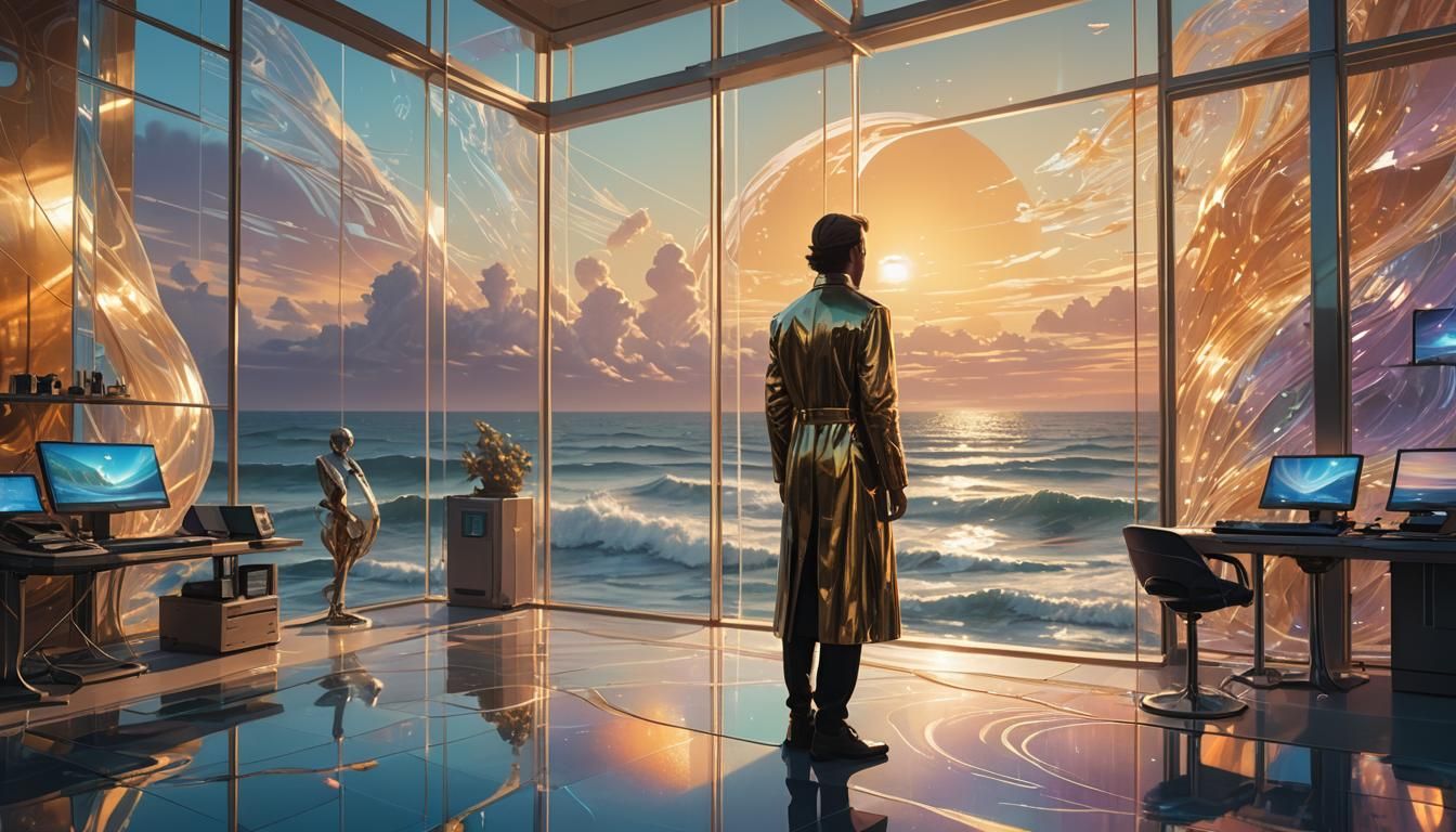 Galactic Being Gazing at Holographic Seascape, Digital Art