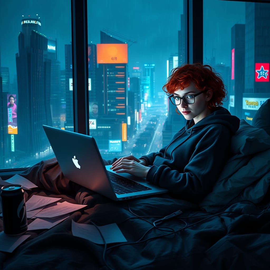 Cozy Cyberpunk Hacker in a Dark Room