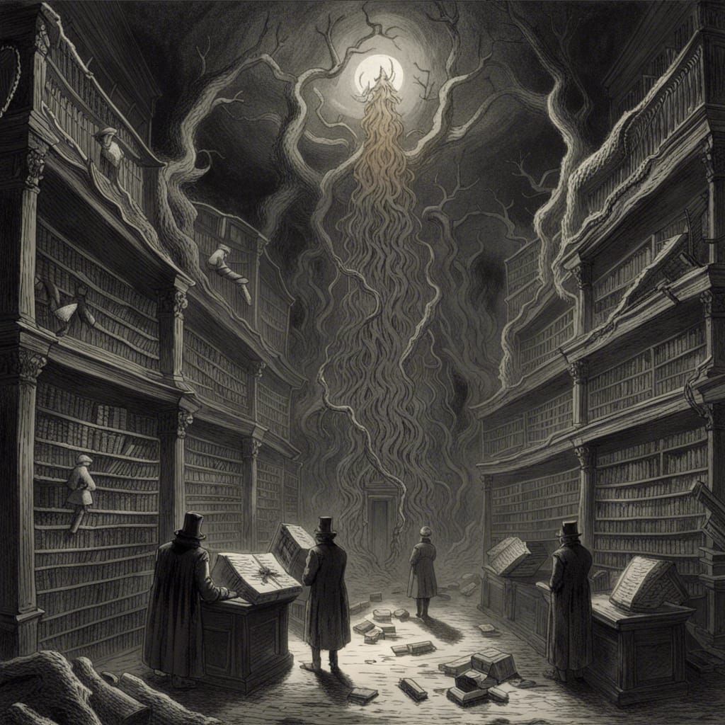 Haunted Library of Souls in Horror Art Style