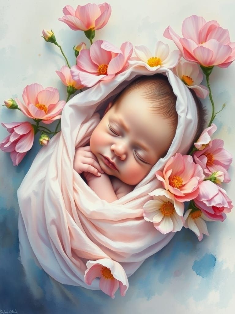 Newborn in Silk Flowers: Impressionistic Oil and Watercolor