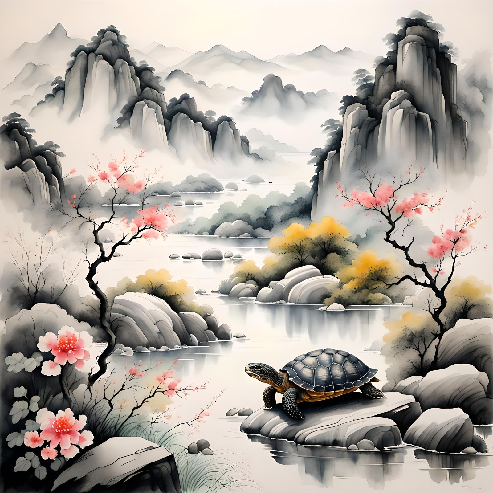 Watercolor Turtle on Mystical Floral Hills