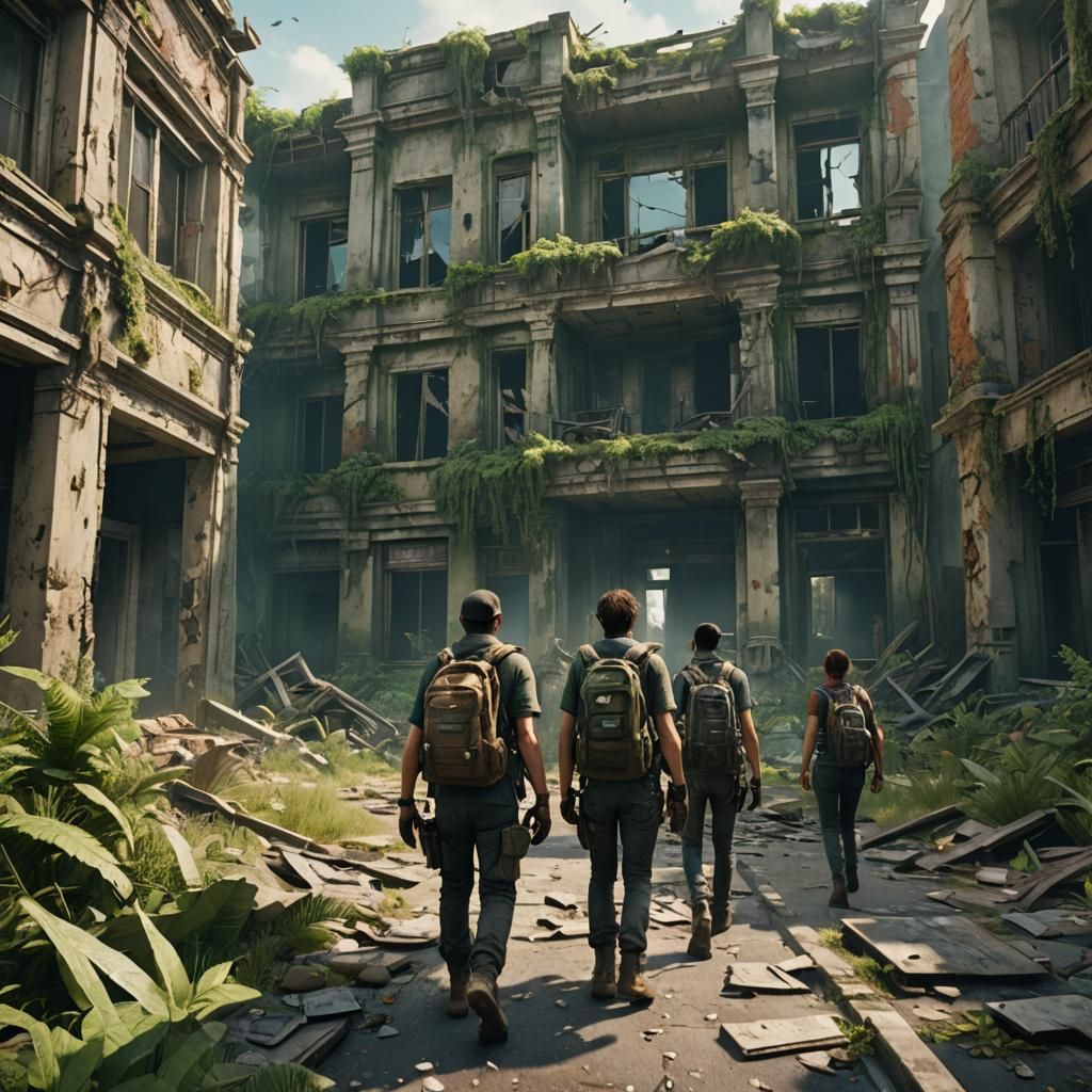 Post-Apocalyptic Survivors Gaze at Overgrown Ruins