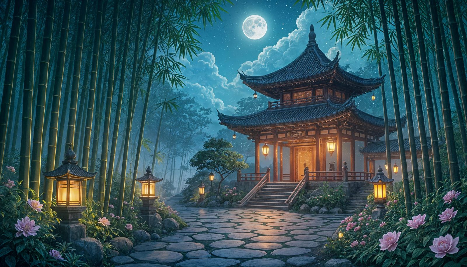 Magical Asian Night Scene with Bamboo and Temple