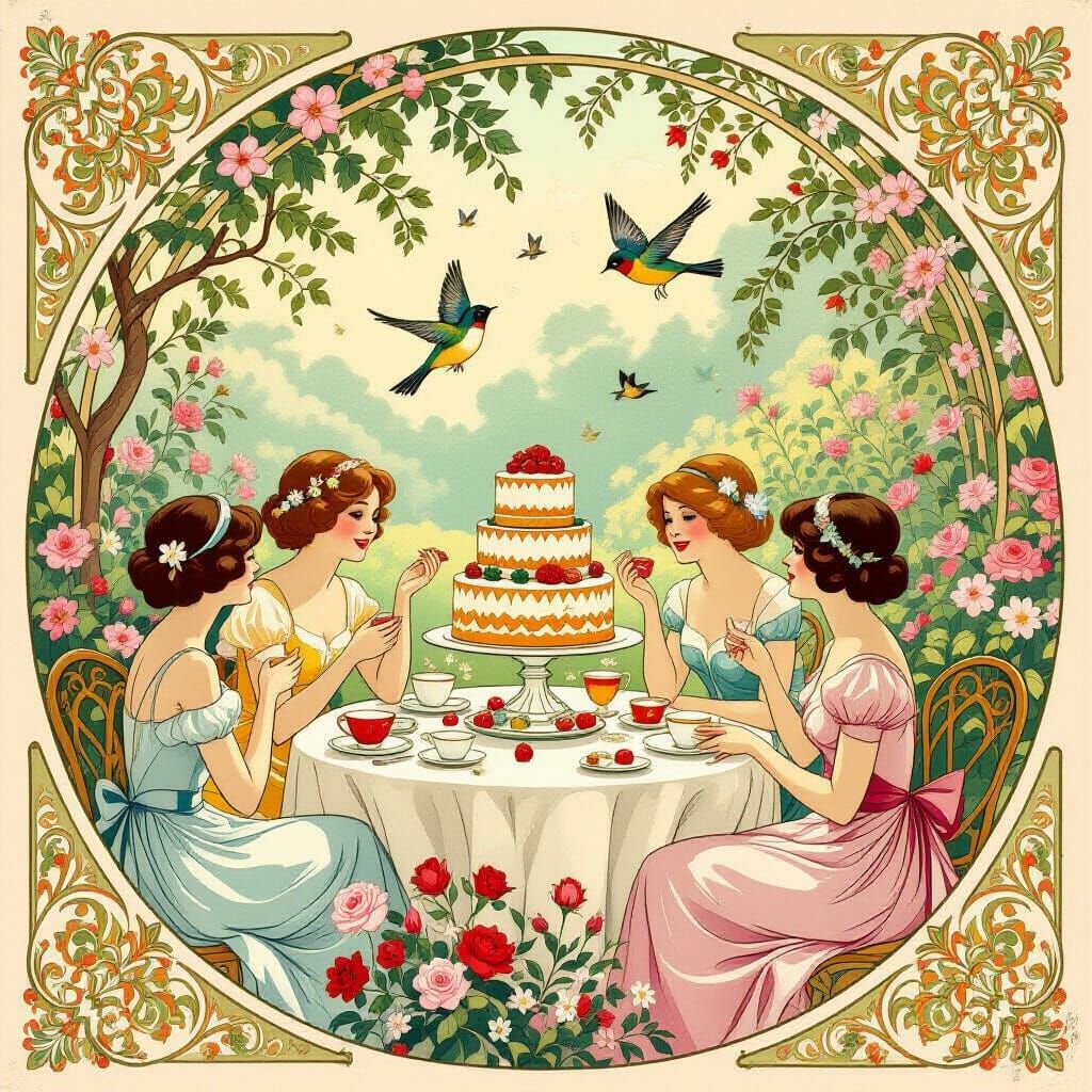 Art Nouveau Garden Tea Party with Cakes and Music
