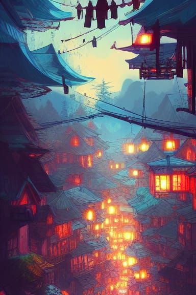 Nighttime Mountain Village: Digital Illustration