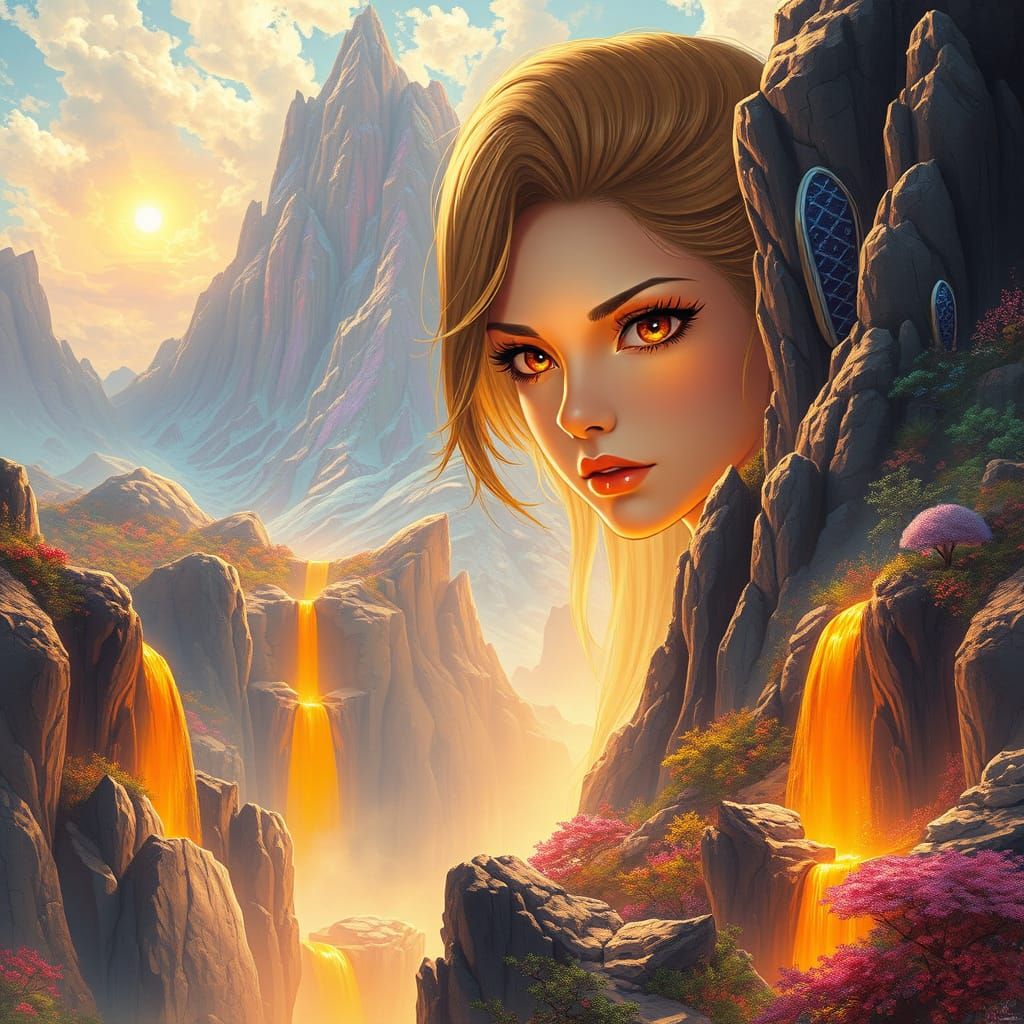 Golden Goddess in Vibrant Alien Landscape