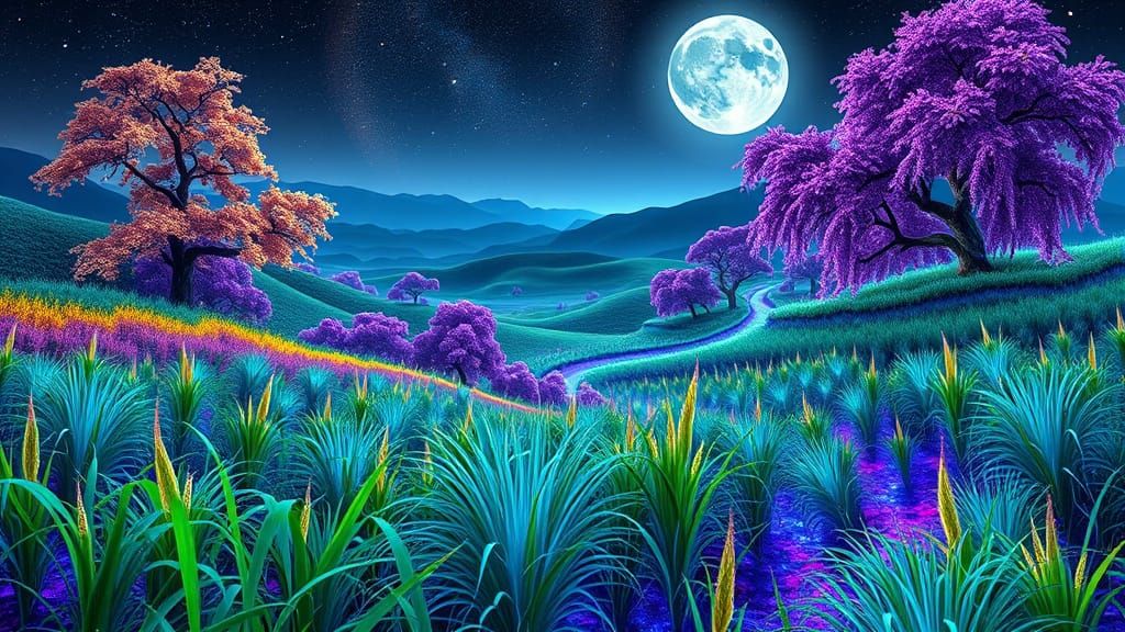 Surreal Emerald Landscape with Crystal Trees and Neon Rivers