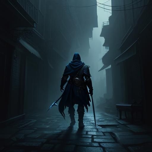Dark Fantasy Assassin in Misty Alleyway