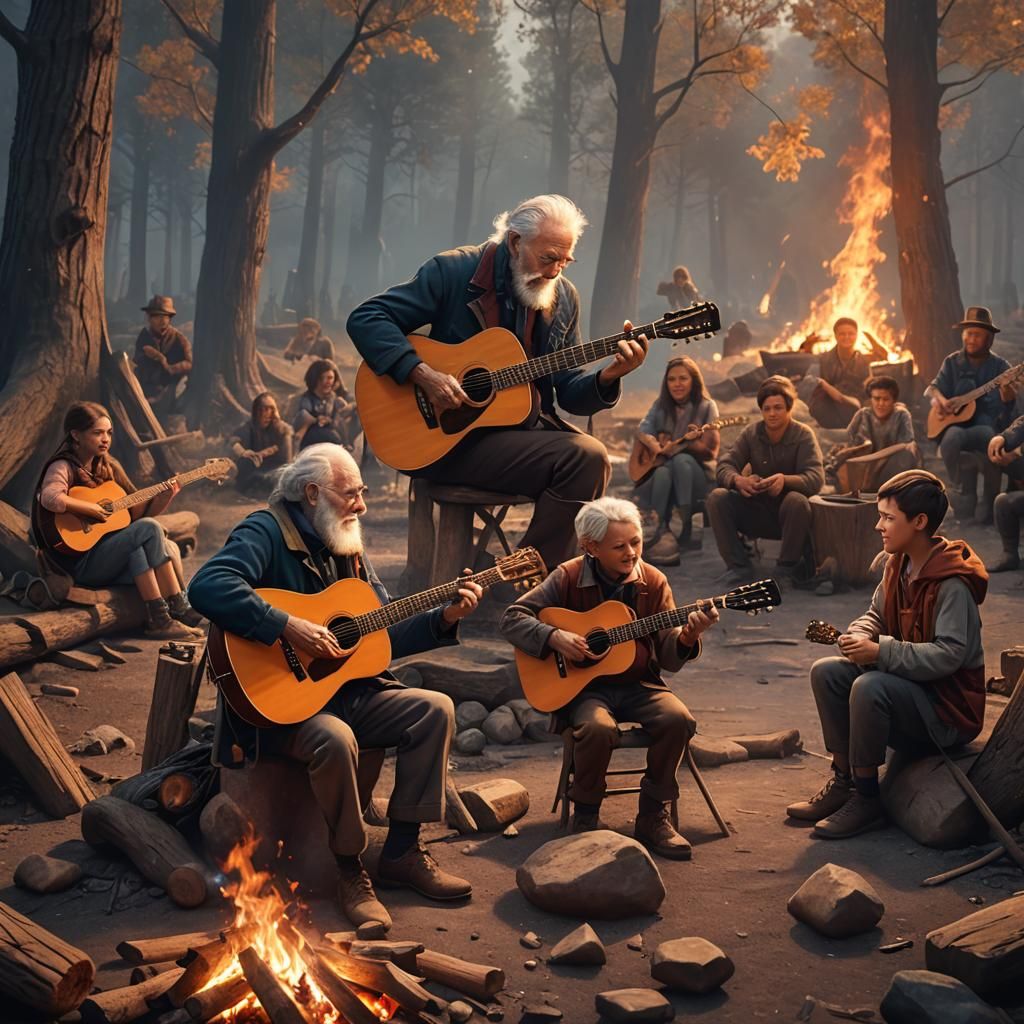 Campfire Guitar Serenade in Detailed Matte Painting Style