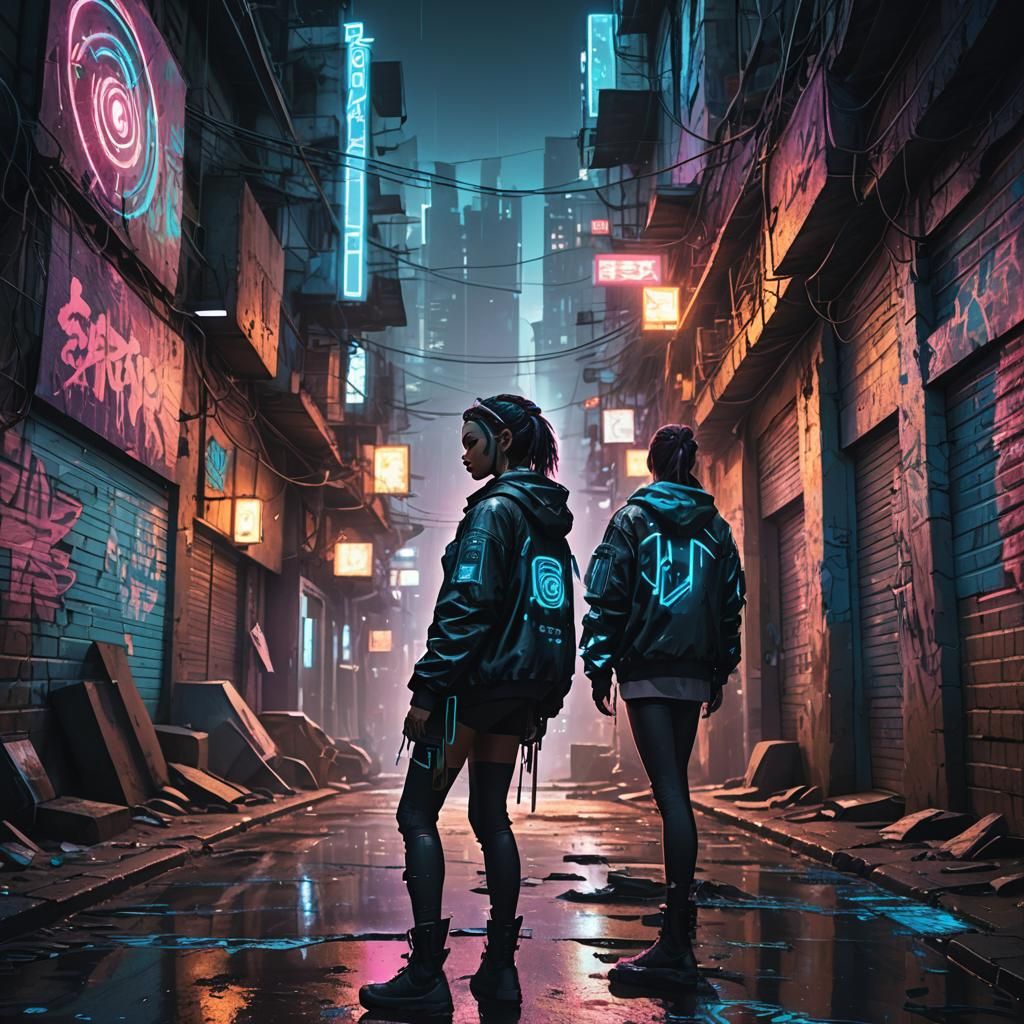 Cyberpunk Girl with Target in Favelas at Night