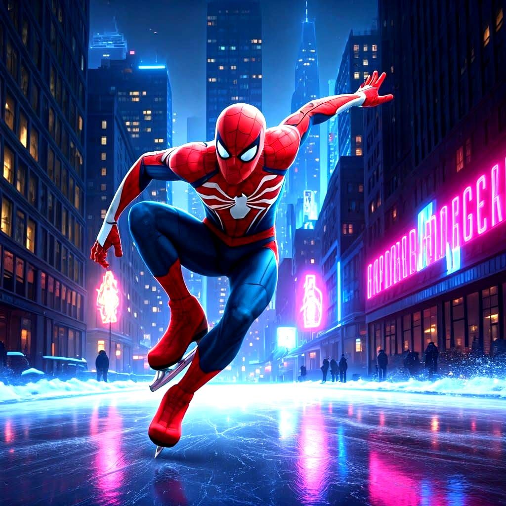 Spider-Man Ice Skating: Neon-Lit Action Portrait