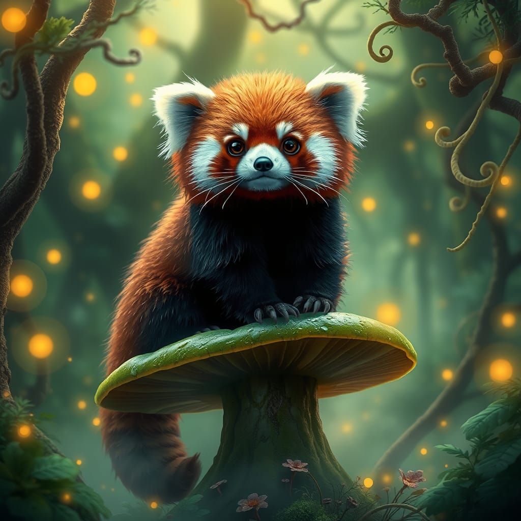 Red Panda on Mushroom in Dreamlike Forest
