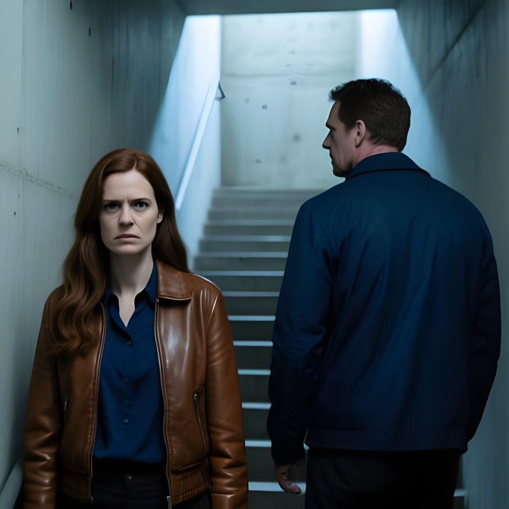 Tense Encounter in Concrete Stairwell: Cinematic Still