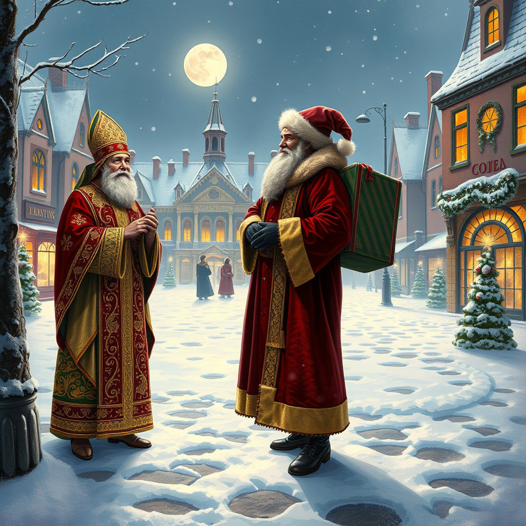 Saint Nicholas Meets Modern Santa Claus in Moonlight