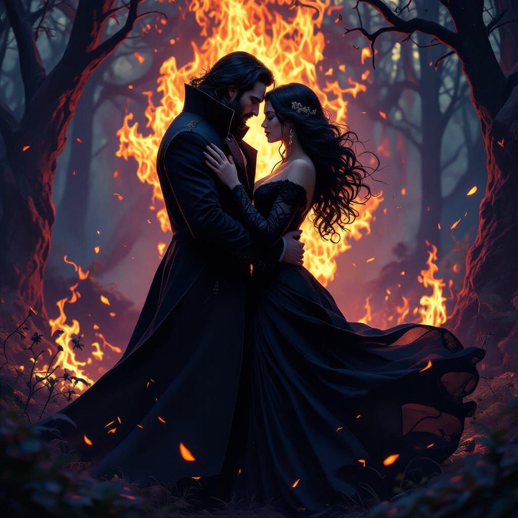 Vampire and Witch Embrace in Mystical Forest