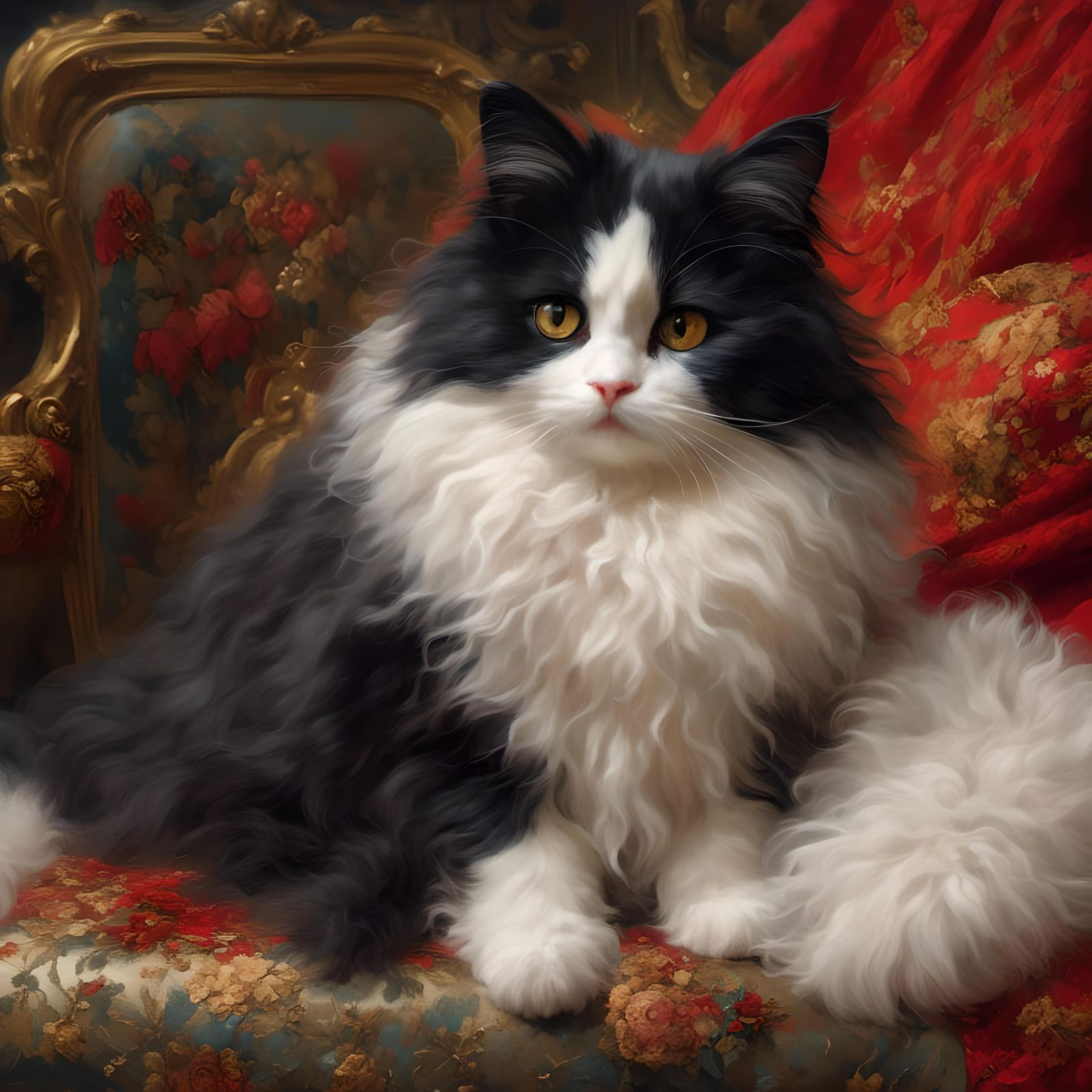 Ultradetailed Portrait of a beautiful, fluffy cat, cozy inte...