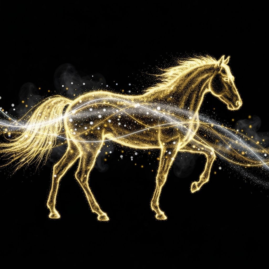 Golden Horse Silhouette in Ethereal Light Trails