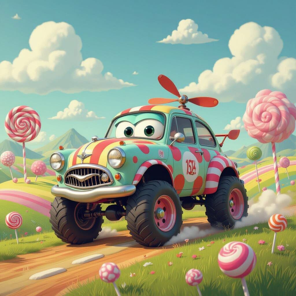 Whimsical Cartoon Car Bounces Through Candy Landscape