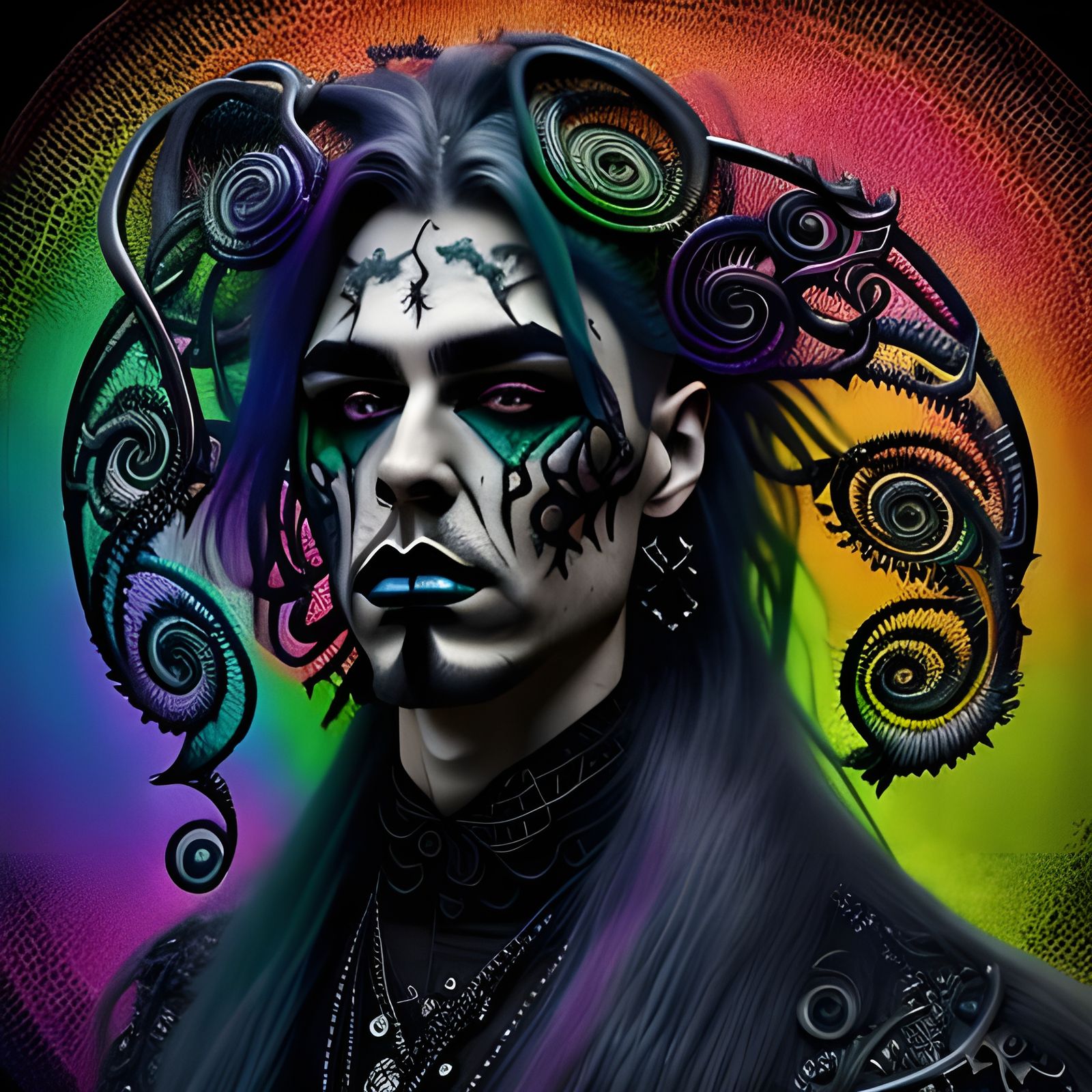 Gothic Metalhead in Vibrant Rainbow Charcoal Portrait