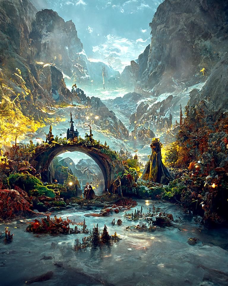 Fairytale Night Landscape with Glowing Cave