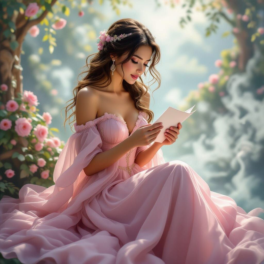 Woman in Pink Dress Reading Letter in Ethereal Mist