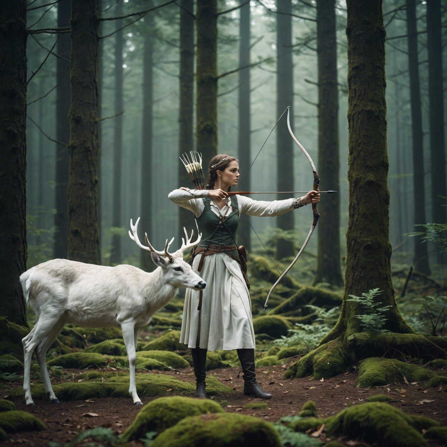 Fairytale Archer Hunts White Deer: Cinematic Film Still