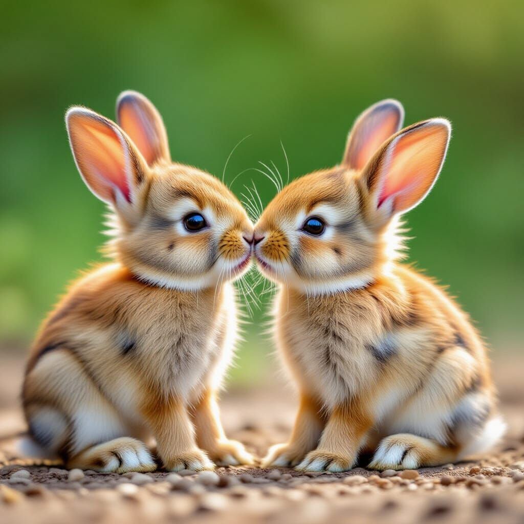 Two Adorable Baby Bunnies Kissing