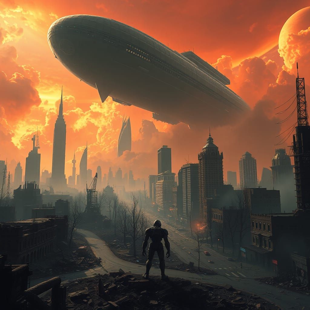 Colossal Spaceship Over War-Torn Cityscape